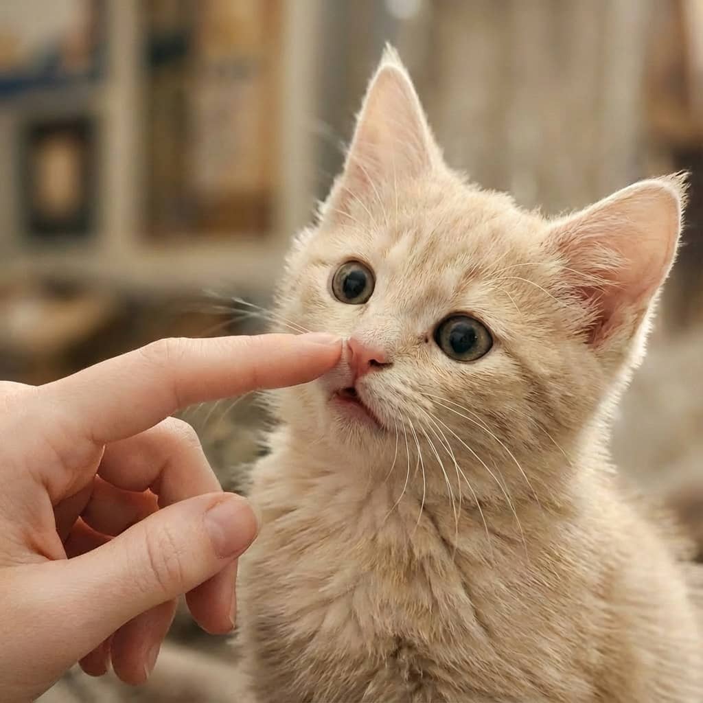 Cat being petted by a person's finger with a blurred indoor background