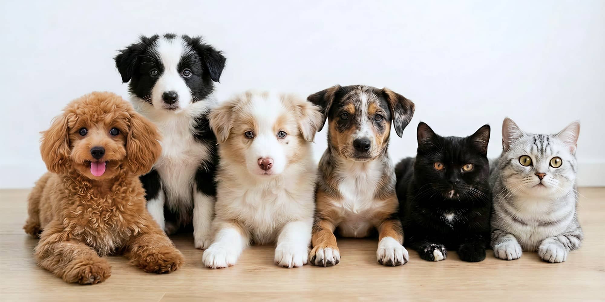 Group of dogs and cats sitting together on a wooden floor.