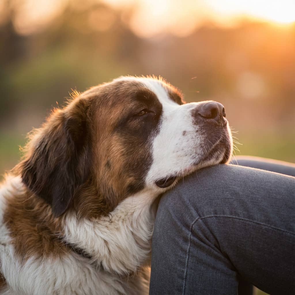 Large dog resting its head on a person's leg with a blurred natural background