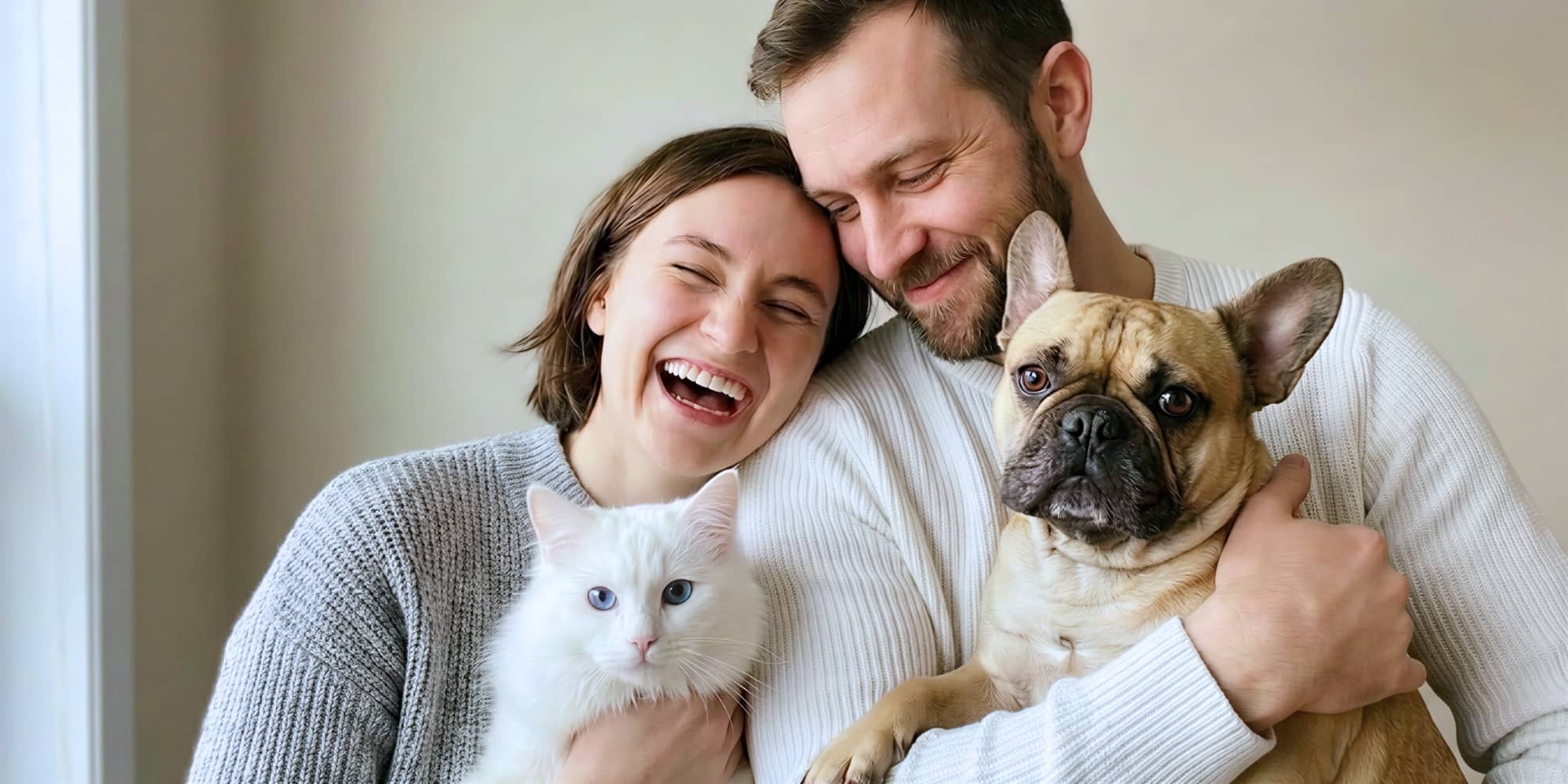 Man and woman holding a cat and a dog, smiling at the camera.