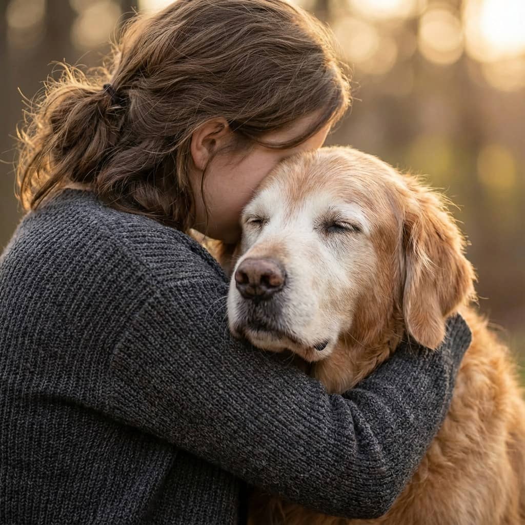 Person hugging a large dog with a blurred natural background