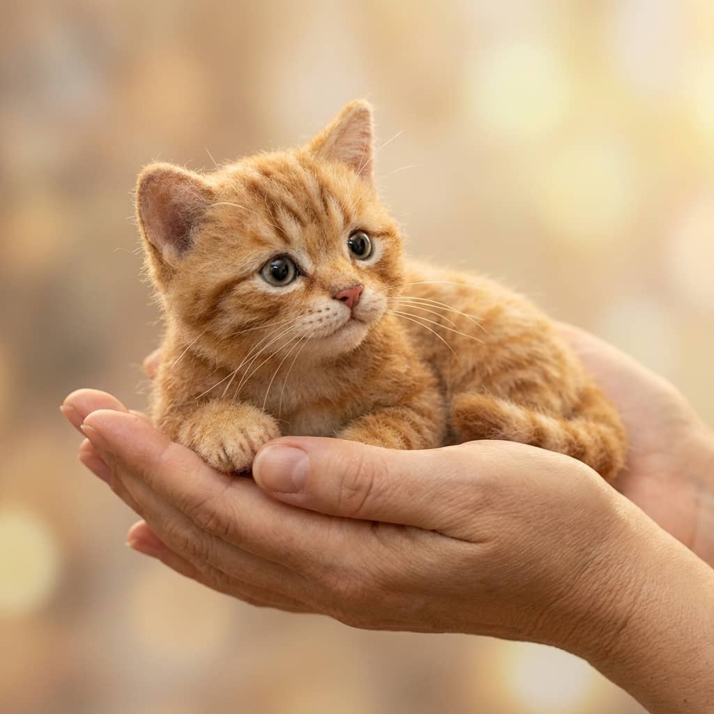 Small orange needle felted cat being held in a person's hand with a blurred background